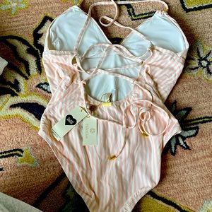 Helen Jon one piece pink and white stripe suit NWT.